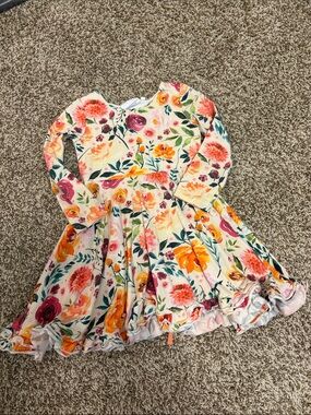 Little Magnolia Cream Floral Twirl Dress with Pink, Orange & Green Accents